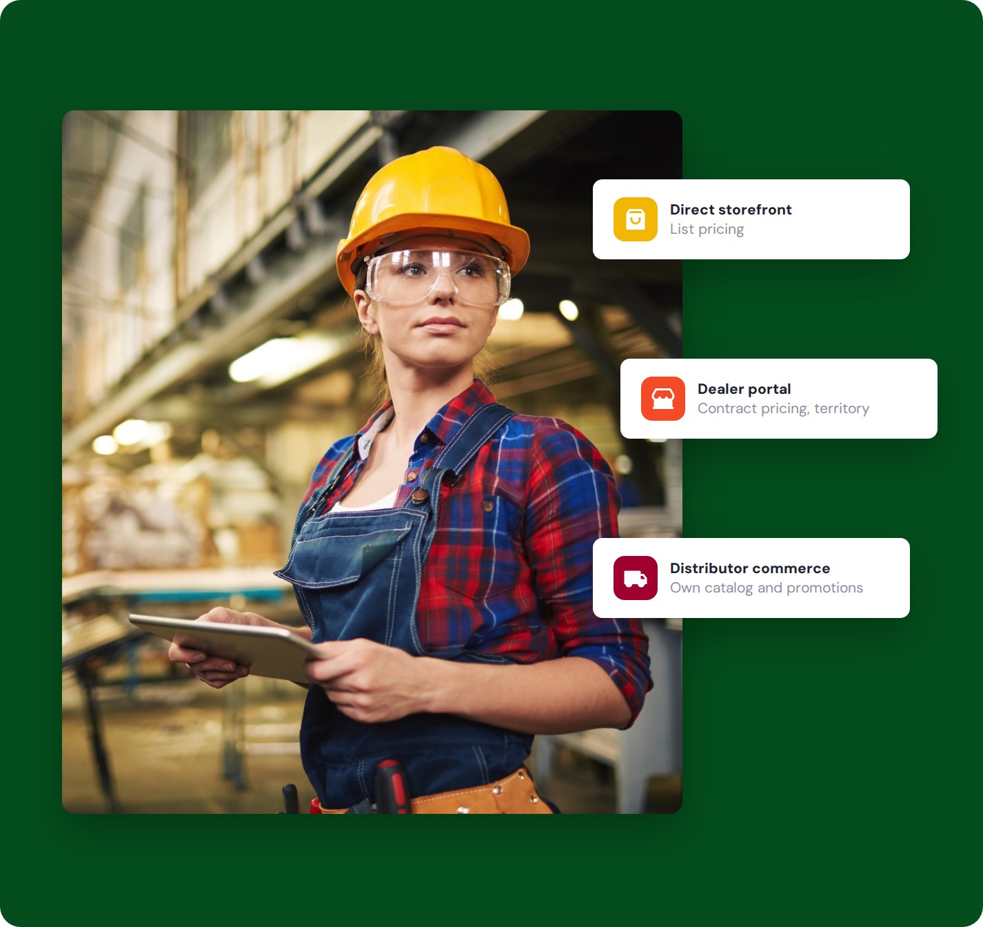 Factory worker with a tablet, with direct, dealer and distributor channels