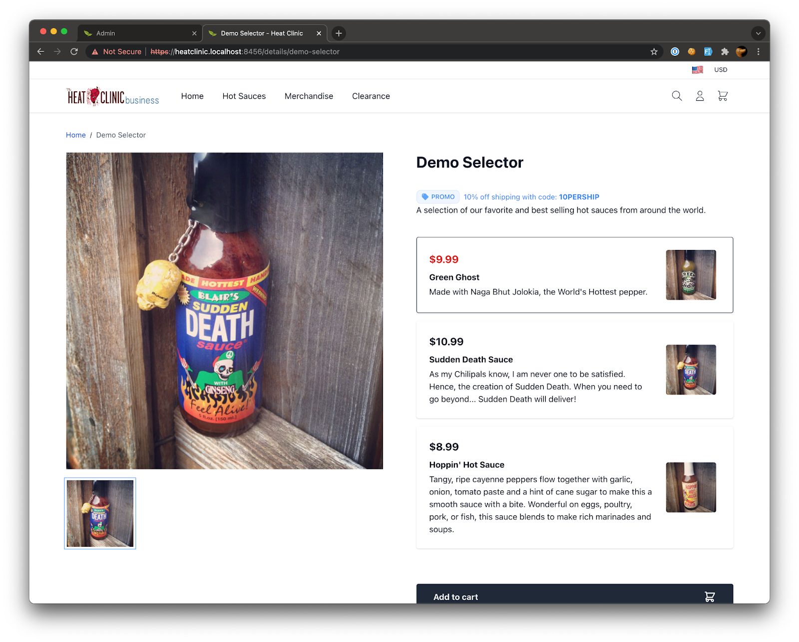 Demo storefront selector page where shoppers choose between hot sauce products