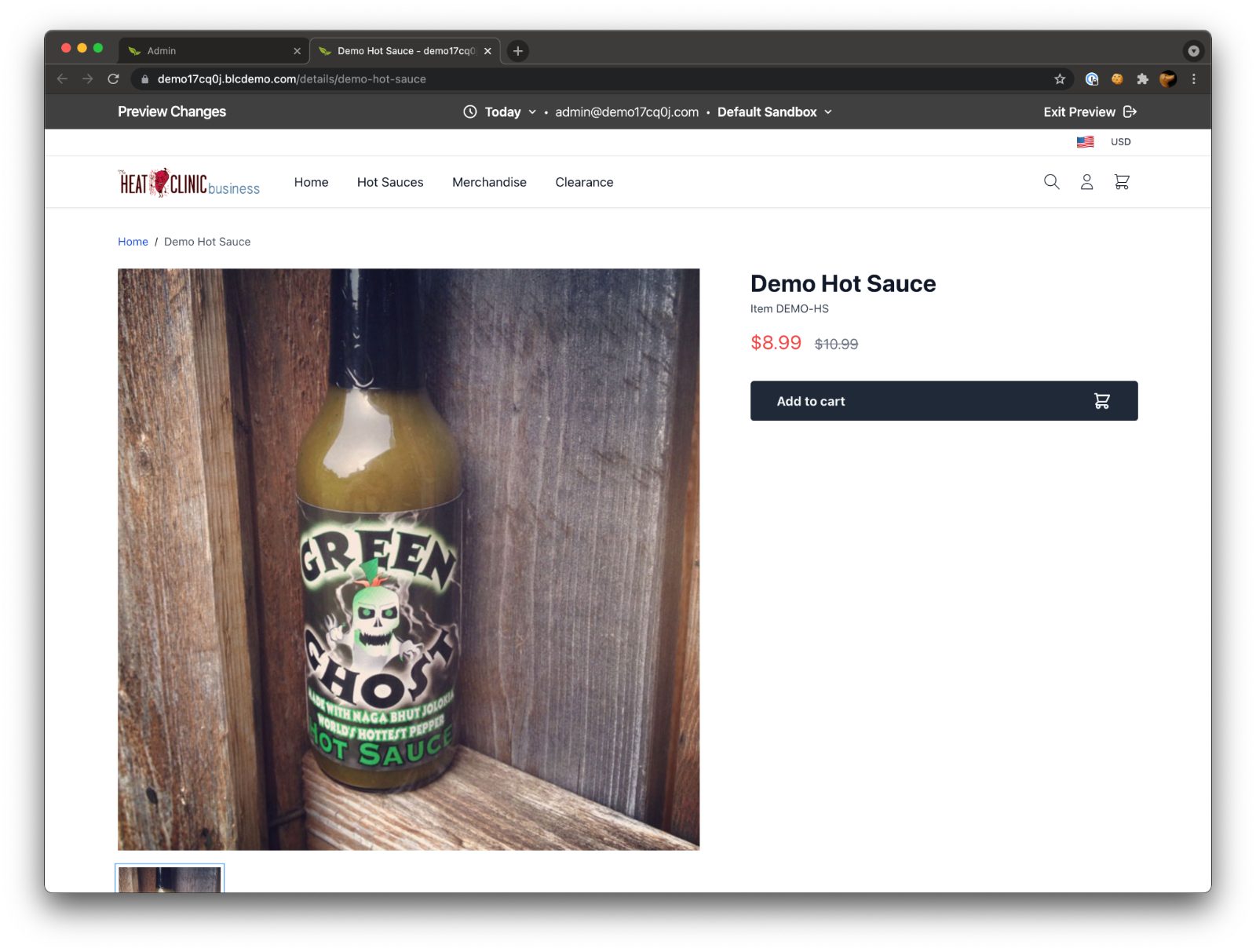Demo storefront product page for a hot sauce, showing Broadleaf advanced products