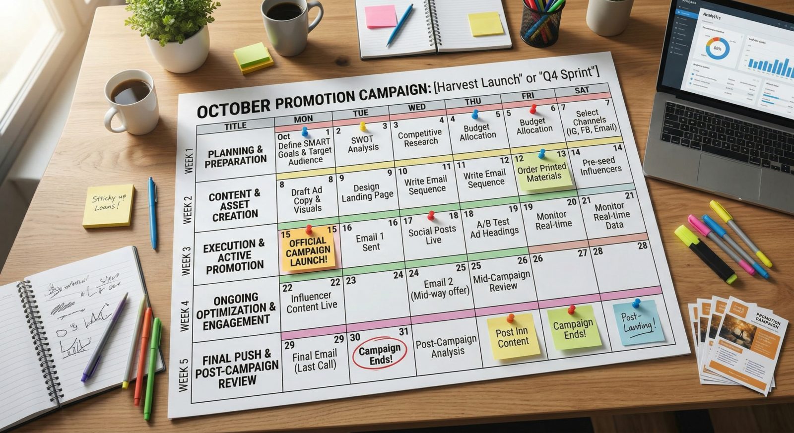 Wall calendar mapping an October promotion campaign with sticky notes on a desk