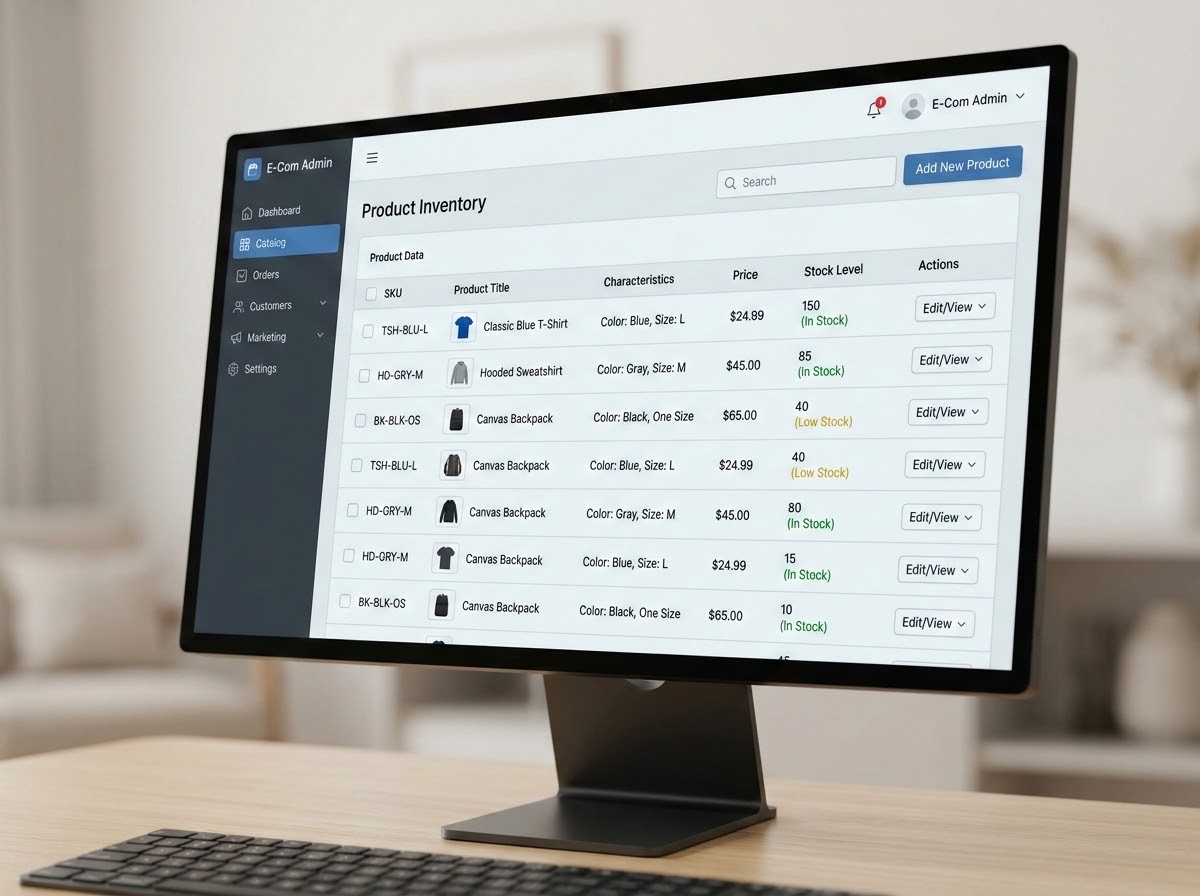 Ecommerce admin product inventory screen showing SKU, product title, characteristics, price, and stock level columns